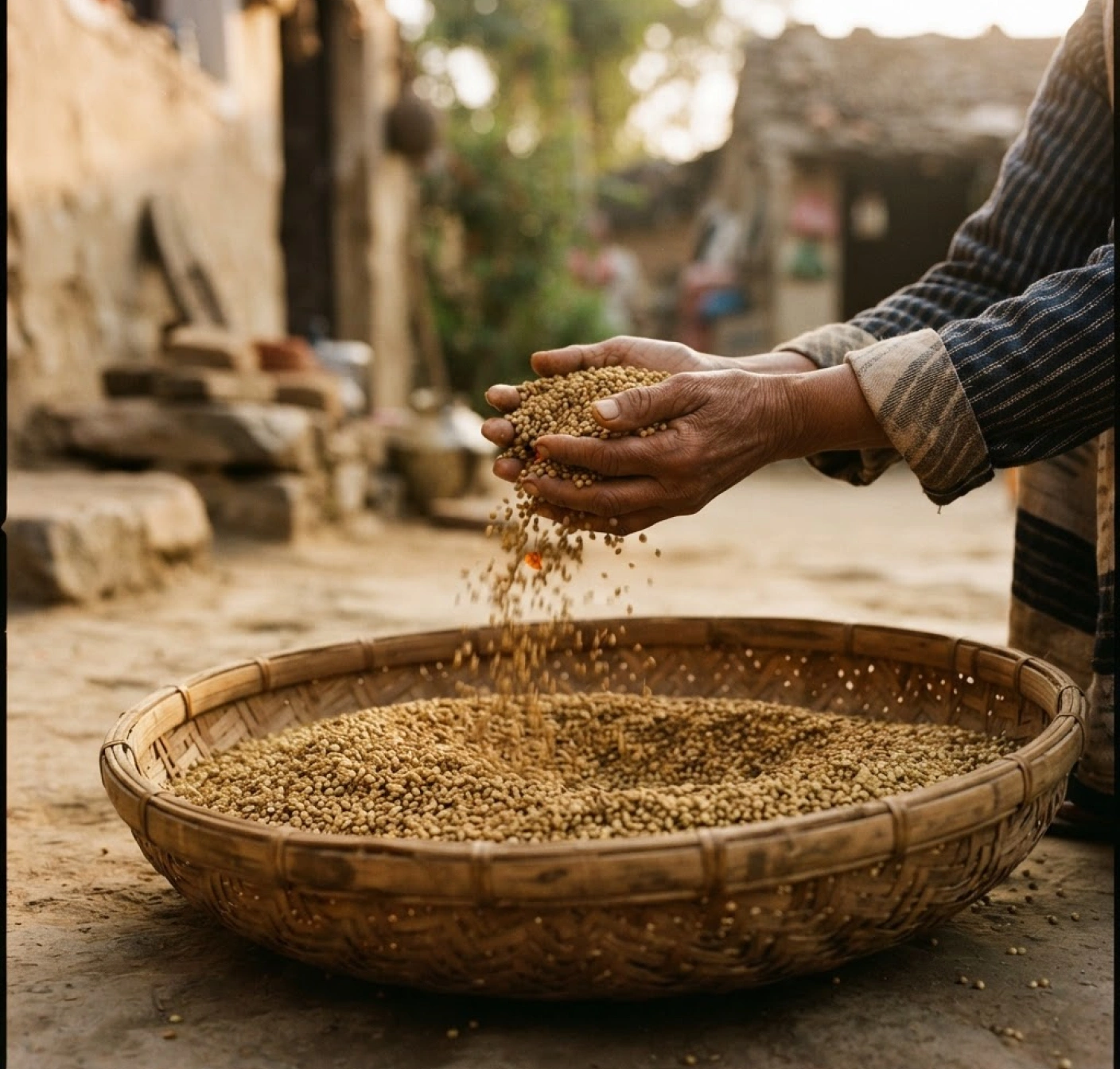 Hands sifting freshly harvested spices above a woven basket in an Indian village
