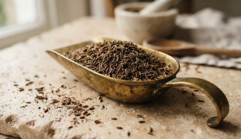 Cumin seeds heaped in a brass scoop on a pale surface