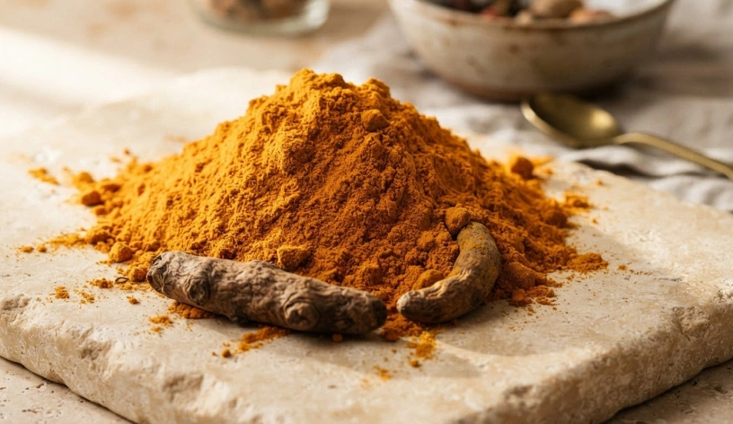 Turmeric powder and whole turmeric pieces on a light stone surface