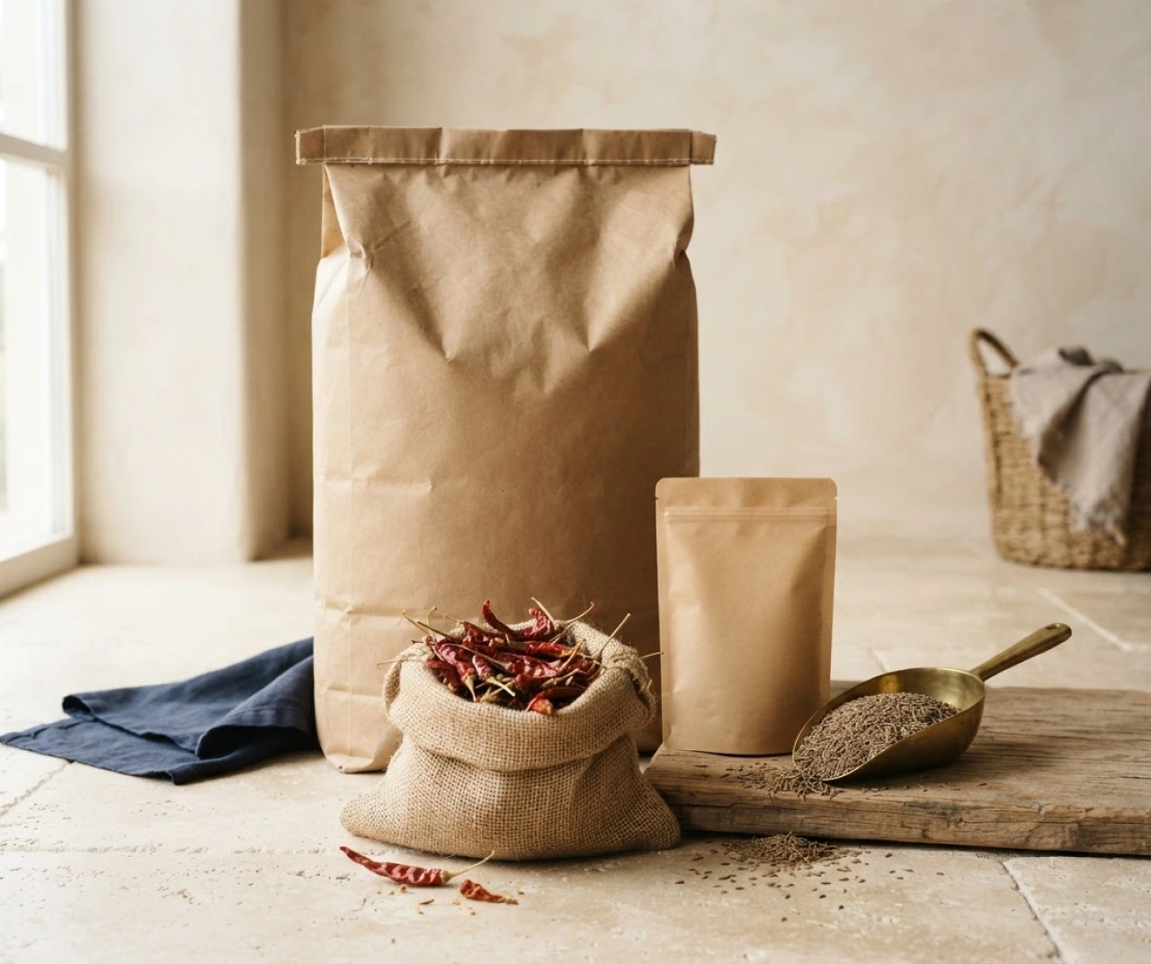 Kraft paper spice bags, a bowl of dried red chillies and a brass scoop on a work surface